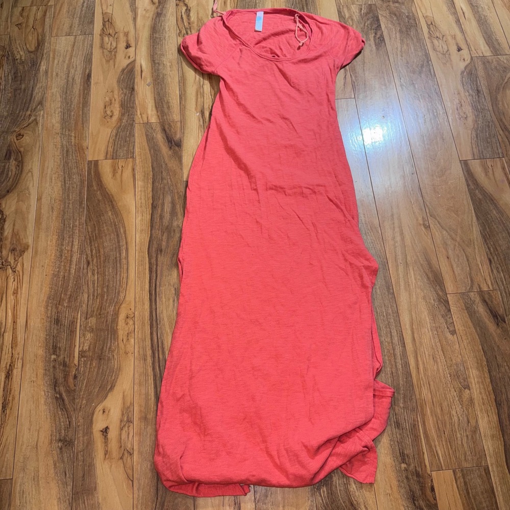 Free People Maxi Dress Womens Small Coral Pink Excellent Short Sleeve Slit Slub